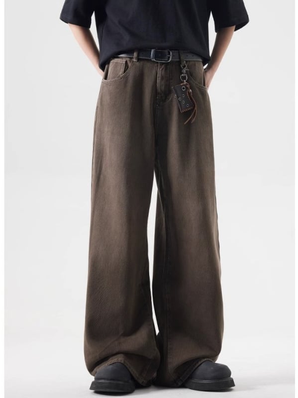 Muške traperice u američkom stilu, vintage pranje smeđe, opuštena casual silueta, straight do wide-leg kroja, pamuk denim
