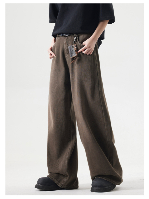 Muške traperice u američkom stilu, vintage pranje smeđe, opuštena casual silueta, straight do wide-leg kroja, pamuk denim