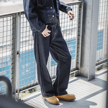 Muške traperice u američkom retro stilu, teški sirovi denim, ravni kroj, široki ležerni kroj, tamnoplave