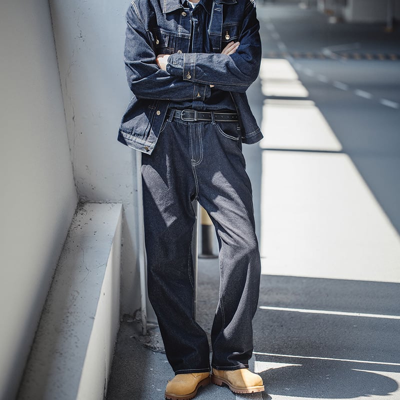 Muške traperice u američkom retro stilu, teški sirovi denim, ravni kroj, široki ležerni kroj, tamnoplave
