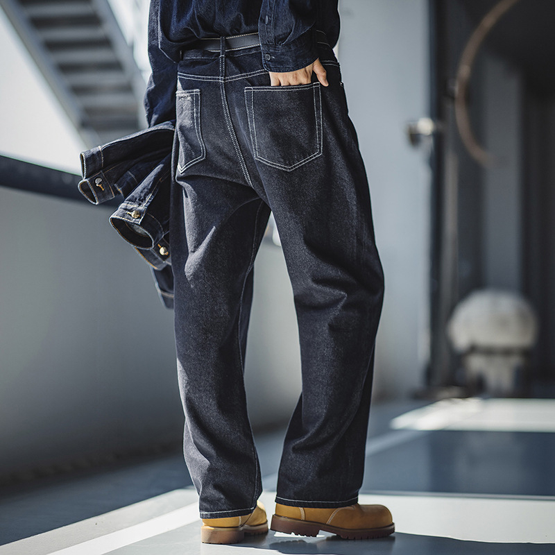 Muške traperice u američkom retro stilu, teški sirovi denim, ravni kroj, široki ležerni kroj, tamnoplave