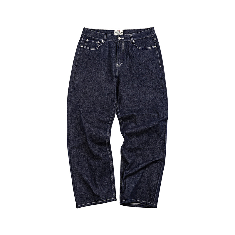 Muške traperice u američkom retro stilu, teški sirovi denim, ravni kroj, široki ležerni kroj, tamnoplave