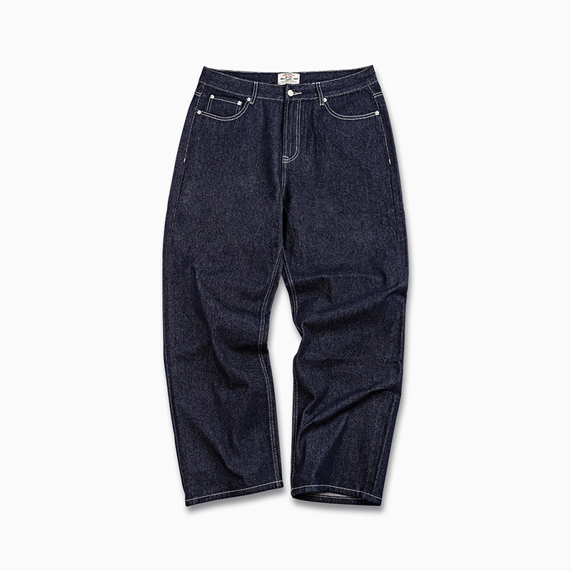 Muške traperice u američkom retro stilu, teški sirovi denim, ravni kroj, široki ležerni kroj, tamnoplave