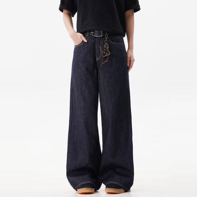 Есенно-зимни американски ретро дънки с дълбоко измиване в черно-синьо, широки крачоли, Cleanfit, свободен силует, мъжки прави дънки за ежедневието