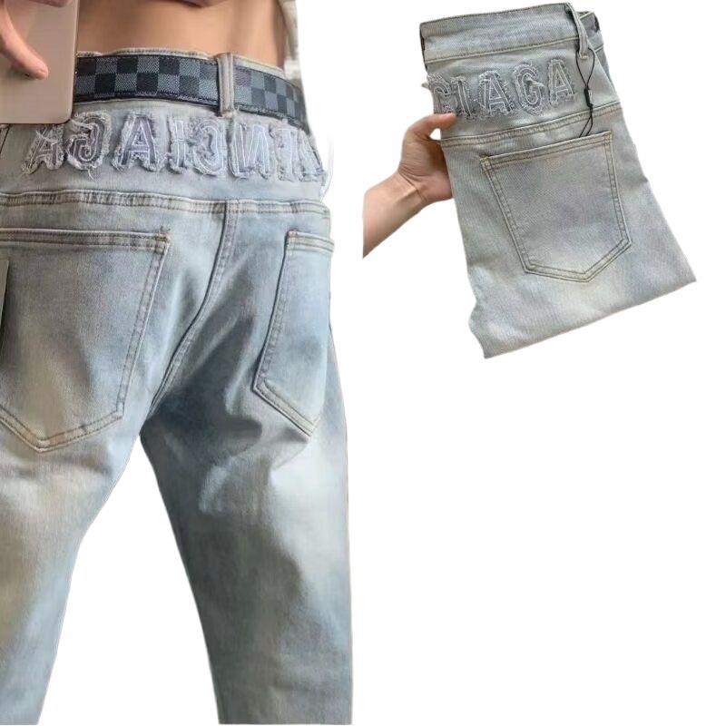 Muške traperice s izvezenim slovima, influencer stil, američki stil, slim fit, ravni kroj