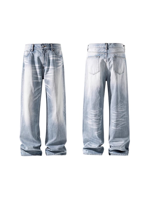 Muške svijetle traperice u street retro stilu, opušten kroj, velika veličina, ravni kroj, do poda, jesenski stil