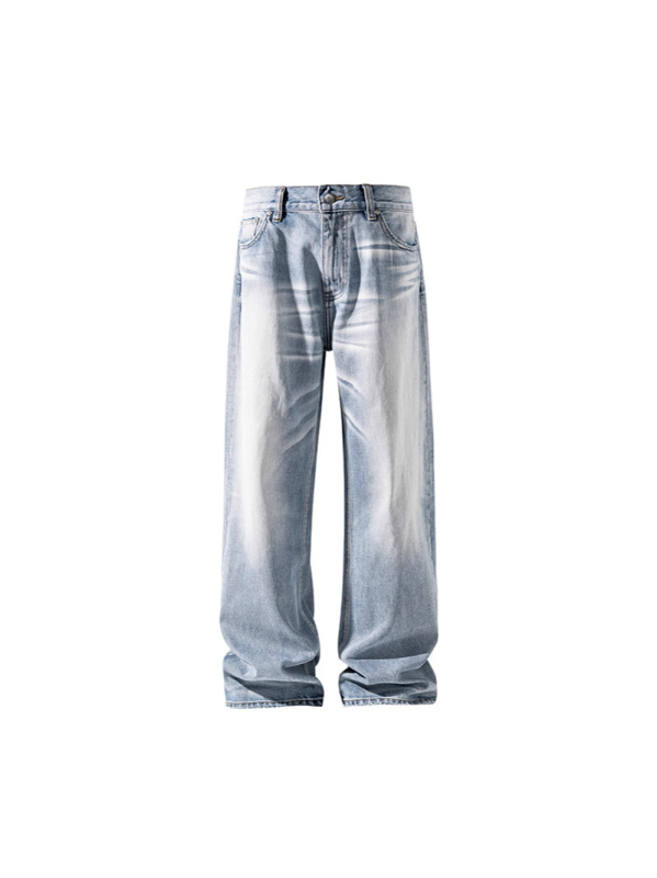 Muške svijetle traperice u street retro stilu, opušten kroj, velika veličina, ravni kroj, do poda, jesenski stil