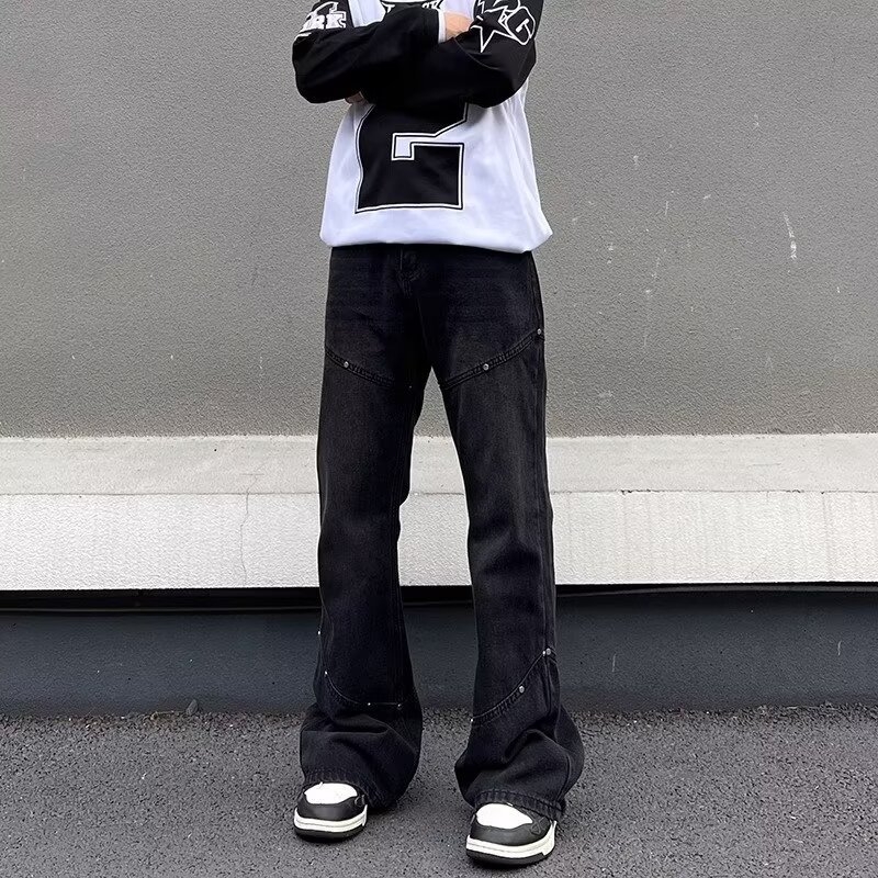 Muške traperice u američkom street stilu, isprane, vintage efekt, blago proširene donje nogavice, ravno široka kroja, za proljeće i jesen, dugačke hlače