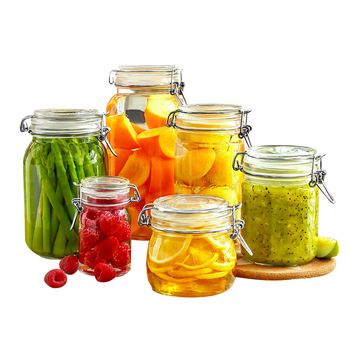 Staklene posude s klipsnim poklopom, hermetički zatvorene za kuhinjsko skladištenje, za kiseljenje i infuziju vina.