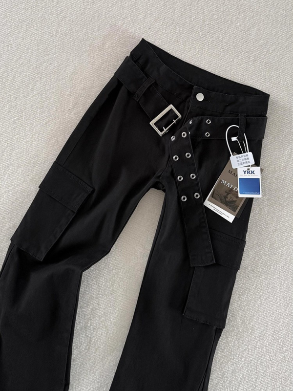 Мъжки дънки деним с черни нитове, работен стил, американски уличен стил, леко разкроени прави крака