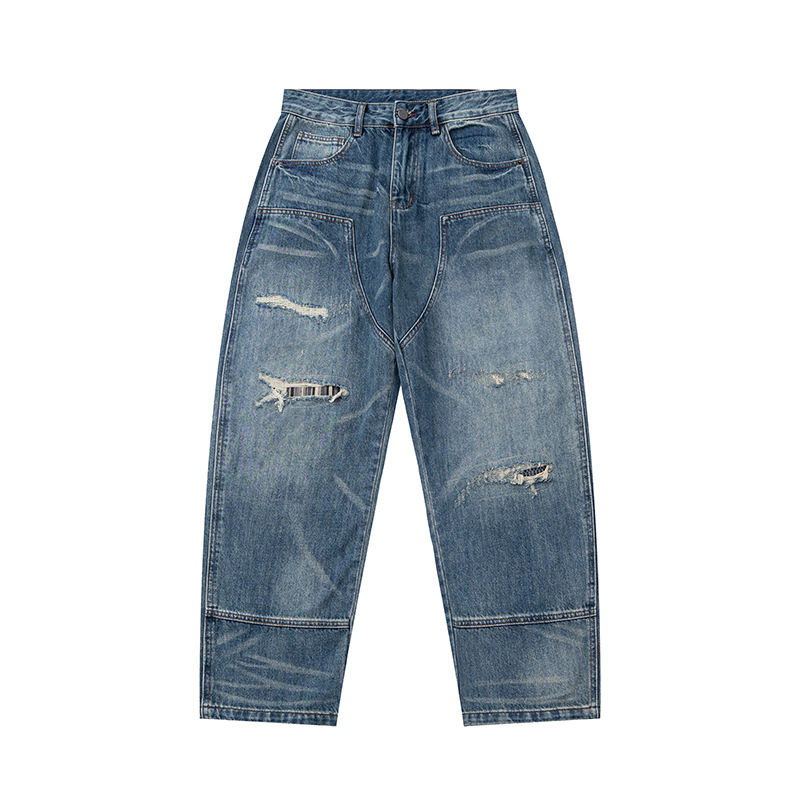 Yidao Vintage мъжки дънки, пролет 2026, американски ретро distressed патчворк с котешки мустаци, свободна кройка