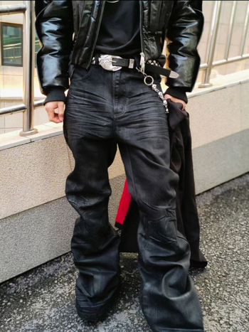 2025RO Ръчно восъчени черни дънки с гумирано покритие, Slim Bootcut за мъже, дълги до пода със слоест подгъв