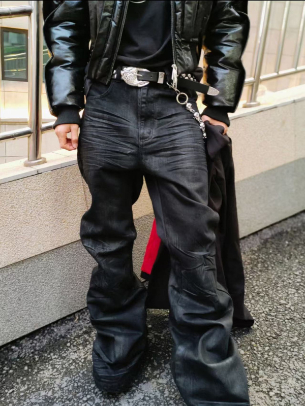 2025RO Ръчно восъчени черни дънки с гумирано покритие, Slim Bootcut за мъже, дълги до пода със слоест подгъв