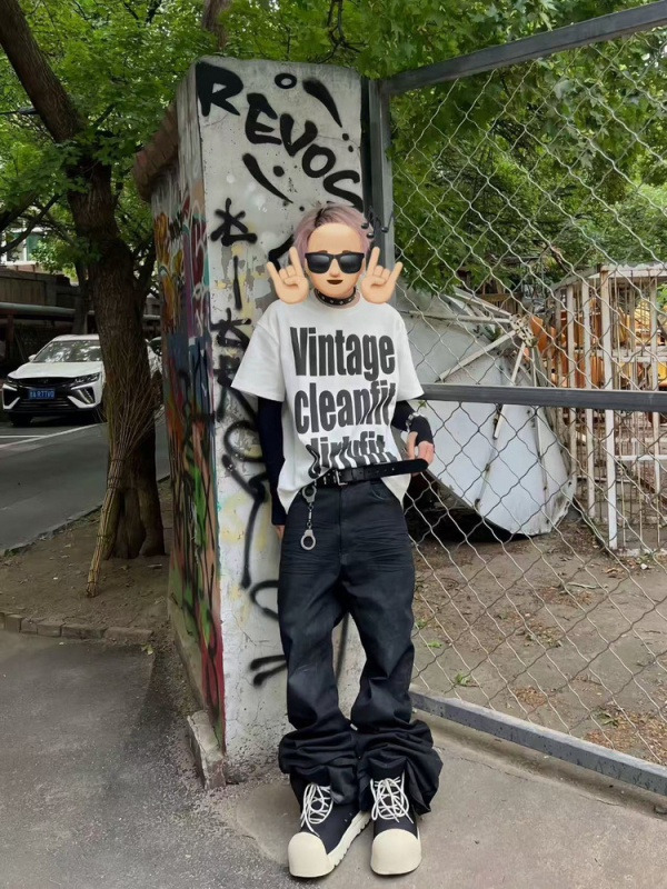 2025RO Ръчно восъчени черни дънки с гумирано покритие, Slim Bootcut за мъже, дълги до пода със слоест подгъв