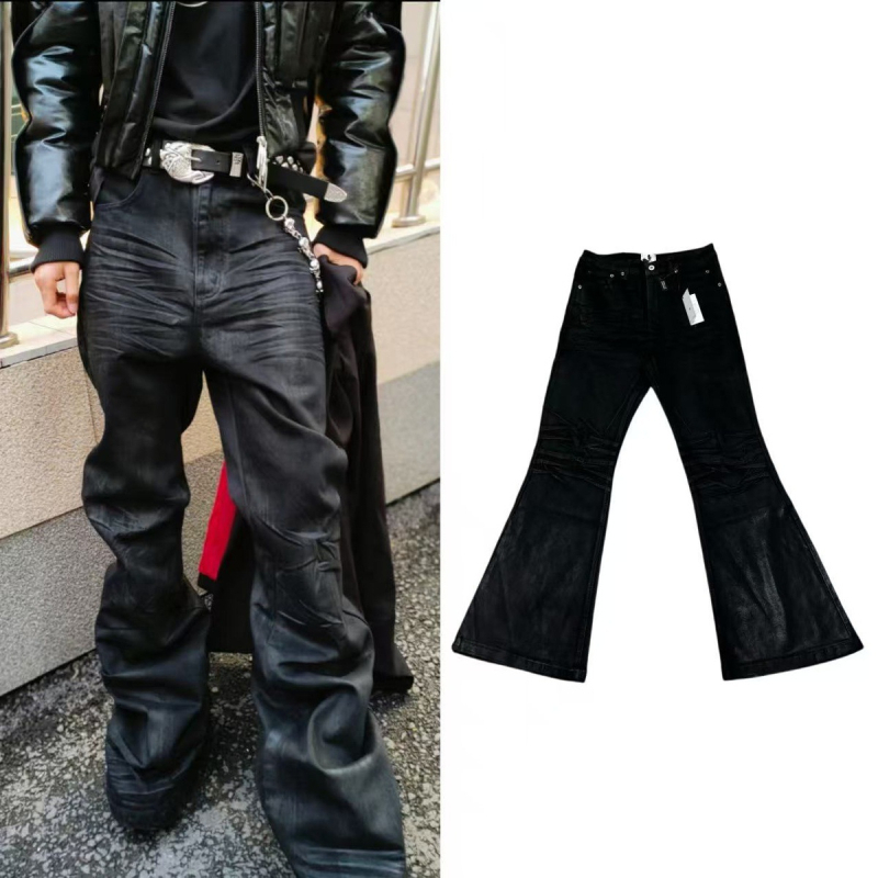 2025RO Ръчно восъчени черни дънки с гумирано покритие, Slim Bootcut за мъже, дълги до пода със слоест подгъв