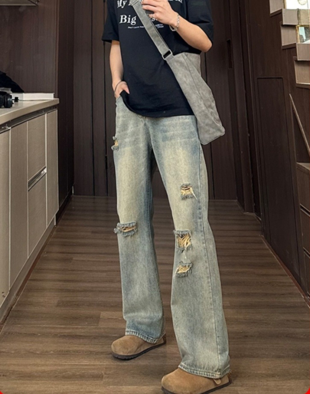 Retro poderane traperice za muškarce, visoki struk, ljetne vintage denim hlače, američki stil, blago šire nogavice