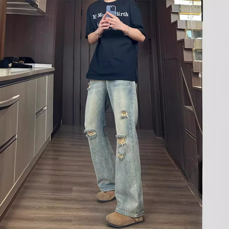 Retro poderane traperice za muškarce, visoki struk, ljetne vintage denim hlače, američki stil, blago šire nogavice
