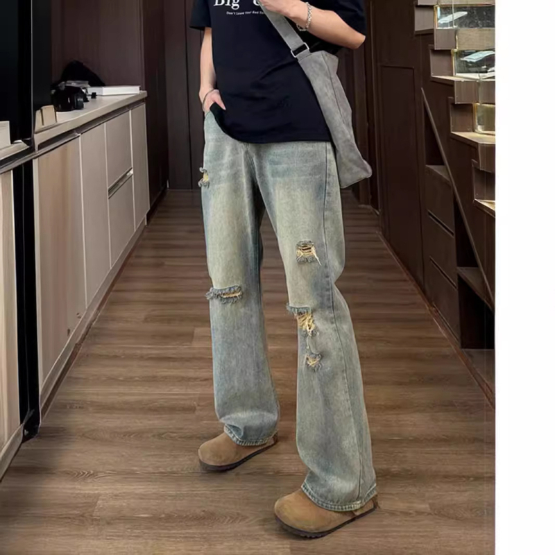Retro poderane traperice za muškarce, visoki struk, ljetne vintage denim hlače, američki stil, blago šire nogavice