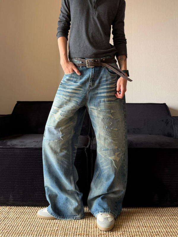 Американски ретро улични distressed дънки за мъже, свободен силует, измит ефект, права кройка, винтажен стил, пролет-есен