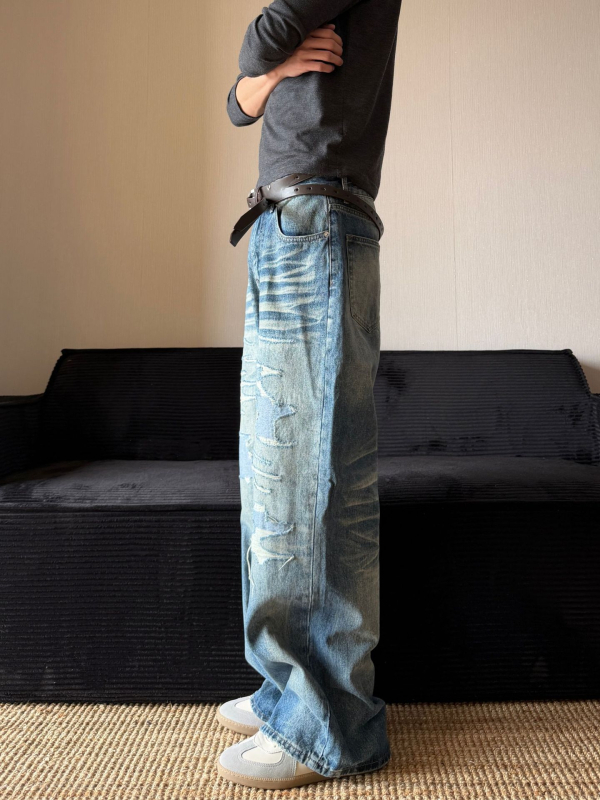 Американски ретро улични distressed дънки за мъже, свободен силует, измит ефект, права кройка, винтажен стил, пролет-есен