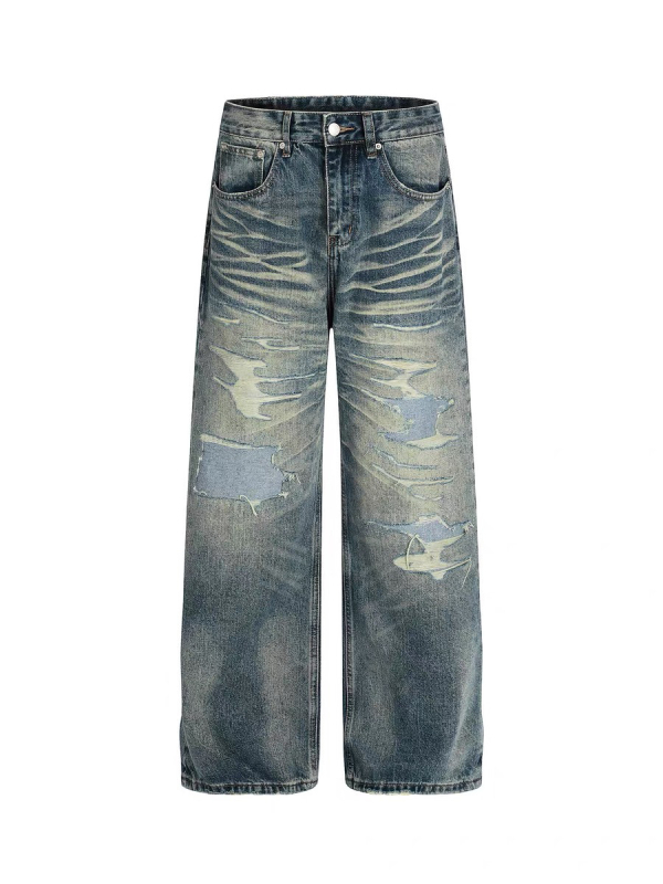Американски ретро улични distressed дънки за мъже, свободен силует, измит ефект, права кройка, винтажен стил, пролет-есен