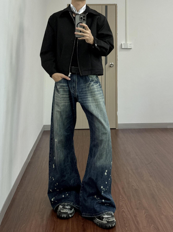 Мъжки дънкови джинси с принт Splash Ink, Cleanfit кройка, bootcut широки крачоли, уличен стил