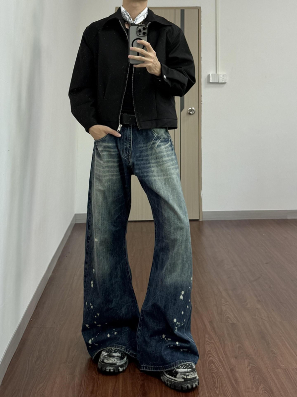 Мъжки дънкови джинси с принт Splash Ink, Cleanfit кройка, bootcut широки крачоли, уличен стил