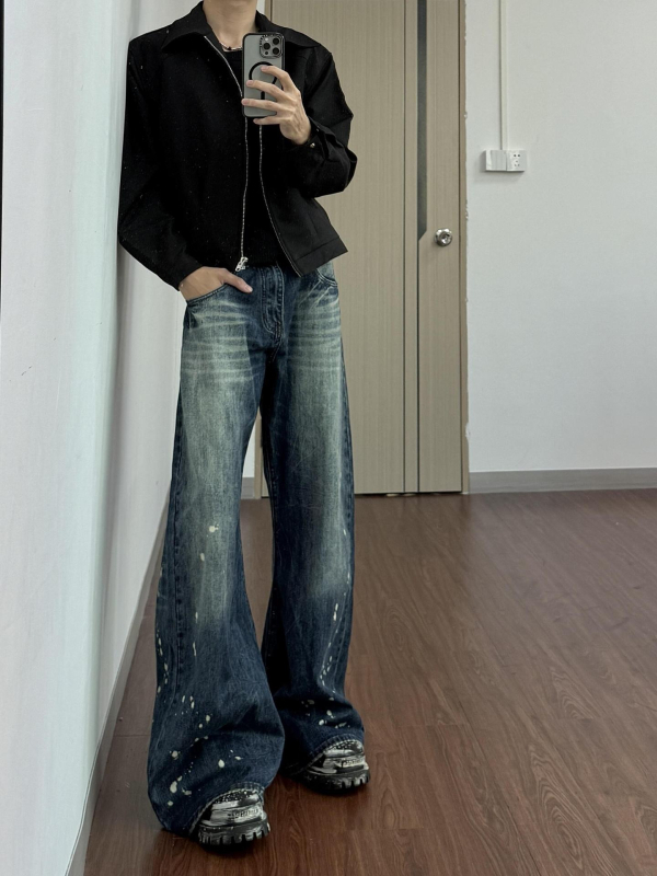 Мъжки дънкови джинси с принт Splash Ink, Cleanfit кройка, bootcut широки крачоли, уличен стил