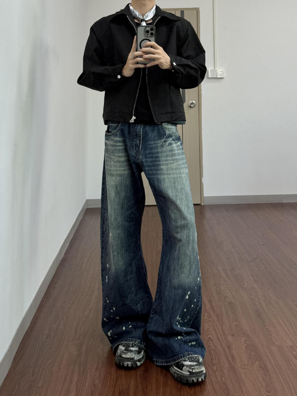 Мъжки дънкови джинси с принт Splash Ink, Cleanfit кройка, bootcut широки крачоли, уличен стил