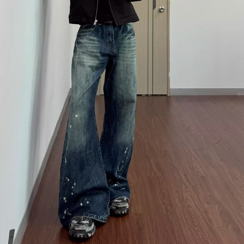 Мъжки дънкови джинси с принт Splash Ink, Cleanfit кройка, bootcut широки крачоли, уличен стил