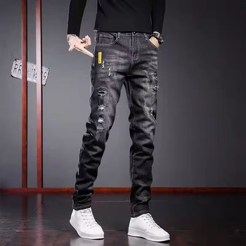 Muške crne traperice za proljeće i ljeto, slim-fit, s poderotinama, korejskog stila, za svakodnevno nošenje