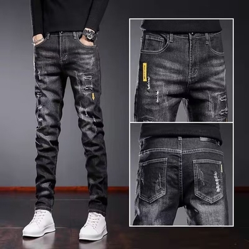 Muške crne traperice za proljeće i ljeto, slim-fit, s poderotinama, korejskog stila, za svakodnevno nošenje
