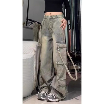 Muške traperice s više džepova u streetwear stilu, slobodan kroj, široke nogavice za proljeće i jesen
