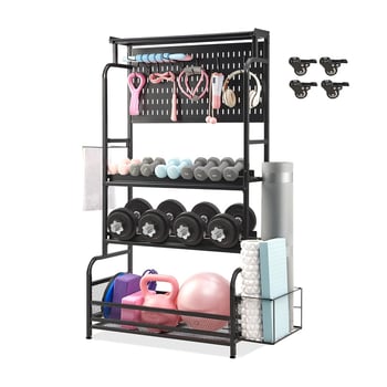 Stalak za pohranu jog opreme od nehrđajućeg čelika, s tri nivoa, za kettlebell, dumbbell i prostirke za jogu