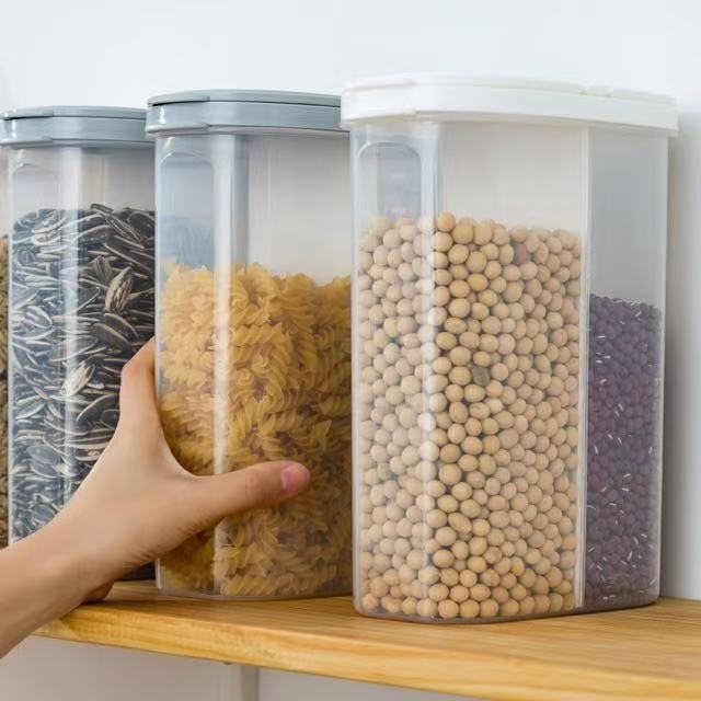 Plastična kuhinjska kutija za pohranu s odjeljcima za žitarice i rižu, zatvara se, kapacitet 2,1–3 L