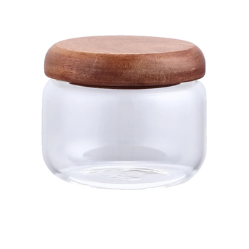 Prozirna staklena posuda za skladištenje od borosilikatnog stakla, otporna na visoke temperature, okrugli poklop od akacije, za suho voće, grickalice i žitarice, hermetički zatvorena.