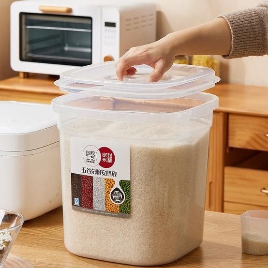 Posuda za skladištenje riže za kućnu upotrebu, otporna na vlagu, zatvara se, protiv insekata, PP plast, prehrambene kvalitete, kapacitet 5-6 L