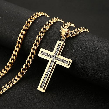 Križ s dijamantima, europsko-američki stil, visokokvalitetan hip-hop dizajn, unisex, Cuban lanac, nehrđajući čelik, duljina 51–60 cm