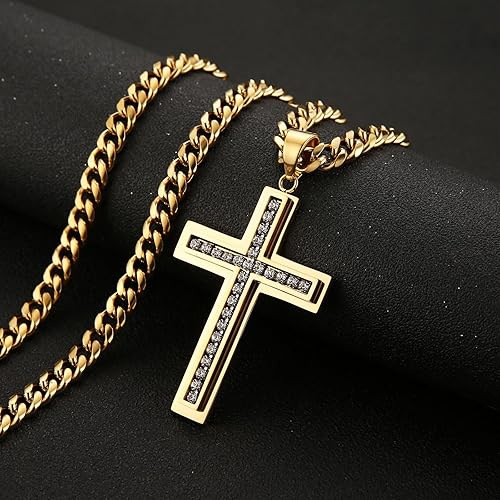 Križ s dijamantima, europsko-američki stil, visokokvalitetan hip-hop dizajn, unisex, Cuban lanac, nehrđajući čelik, duljina 51–60 cm