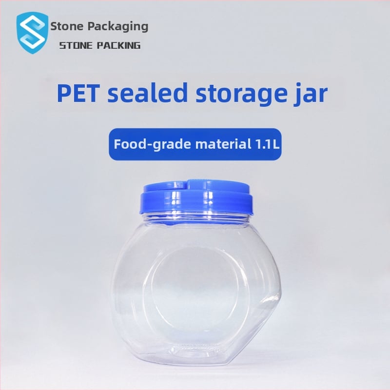 Priehľadná PET plastová dóza so širokým hrdlom, 1 L, na potravinárske skladovanie, vhodná na orechy, sušienky a čaj.