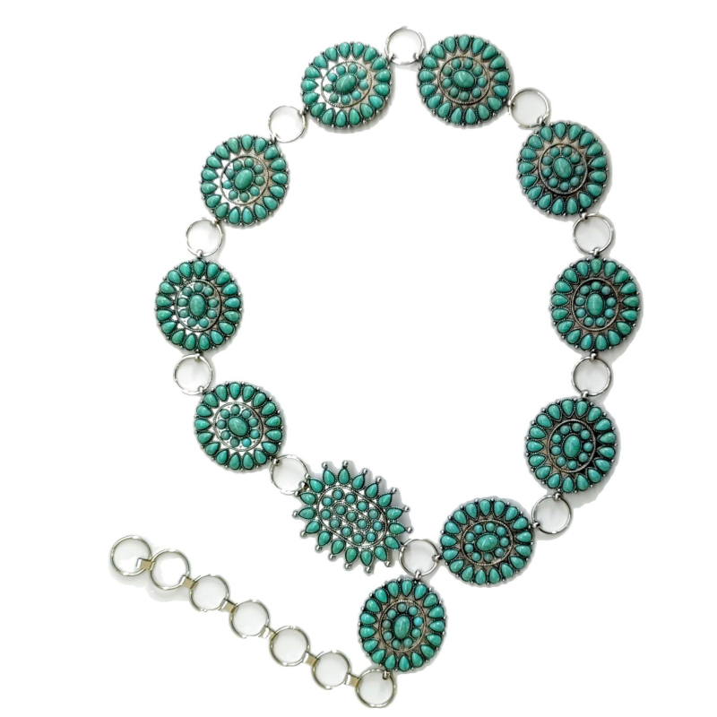 Ženski metalni kaiš za struk s graviranim uzorkom i turkiznim umetkom, retro stil