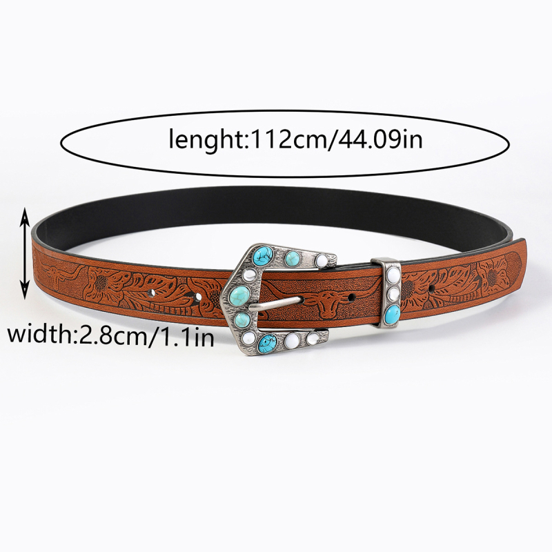 Boemski pojas za struk s reljefnom teksturom i inlay turkizne boje, PU koža, kopča s pinom, duljina 112 cm