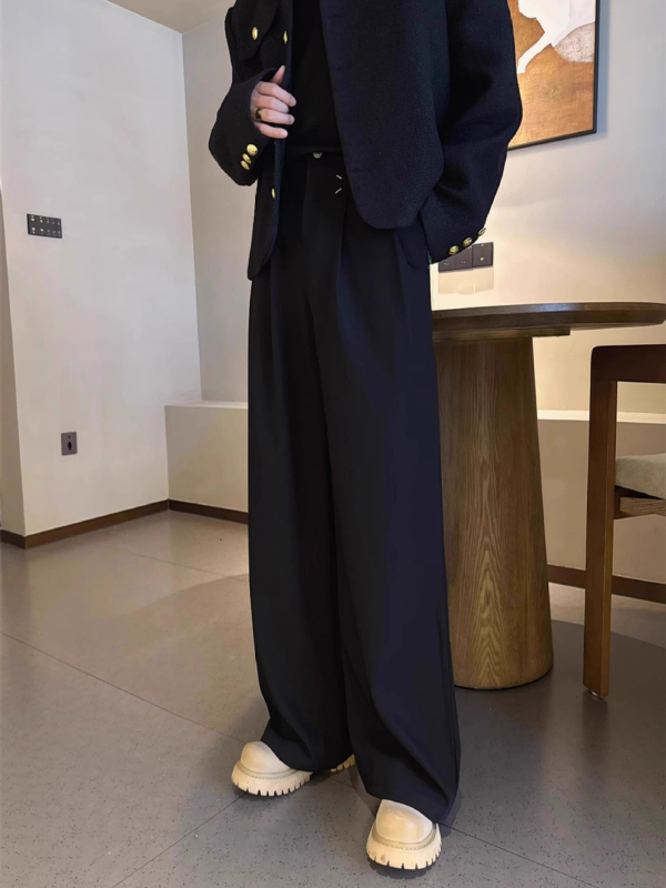 Muške formalne hlače od 260 g teške tkanine, crne, američki retro stil, širokih nogavica, casual hlače