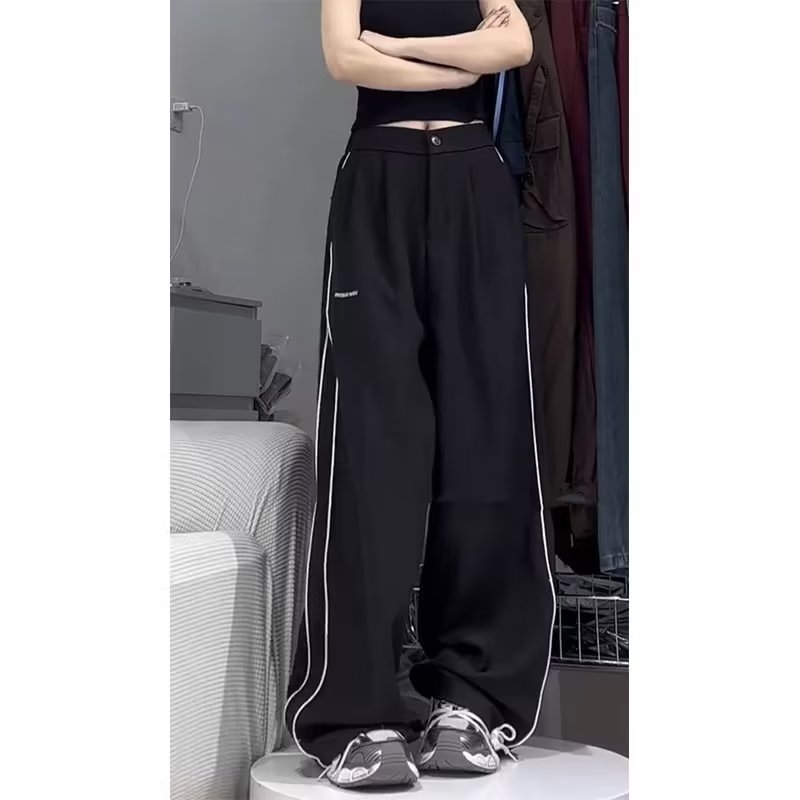 Ανδρικά μαύρα παντελόνια casual-αθλητικά με υψηλή μέση, φαρδιά ίσια μπατζάκια, φθινοπωρινό-χειμερινό σχέδιο