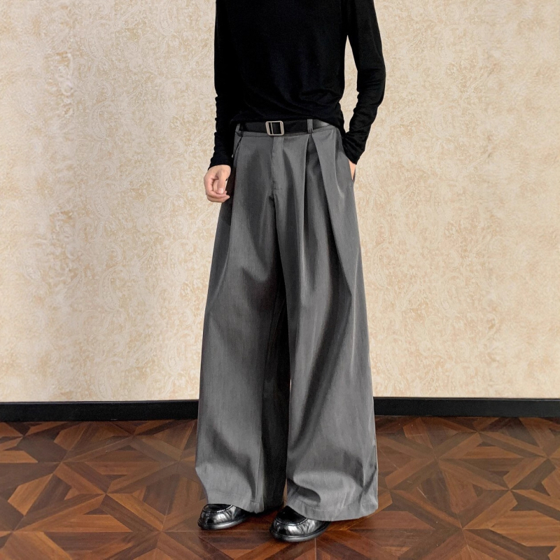 Ανδρικά φαρδιά παντελόνια με drape, ίσια γραμμή, άνοιξη–φθινόπωρο, υψηλή μέση, φερμουάρ, πολυεστερικό μείγμα