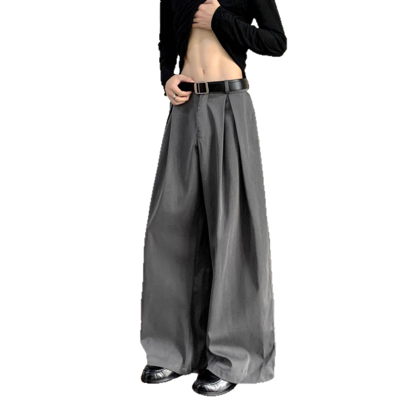 Ανδρικά φαρδιά παντελόνια με drape, ίσια γραμμή, άνοιξη–φθινόπωρο, υψηλή μέση, φερμουάρ, πολυεστερικό μείγμα
