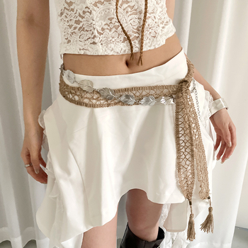 Ženski boho-etno stil, pleteni pojas od pamuka i lana, s lančanim ukrasom i resicama, za haljine i suknje