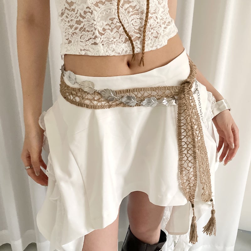 Ženski boho-etno stil, pleteni pojas od pamuka i lana, s lančanim ukrasom i resicama, za haljine i suknje