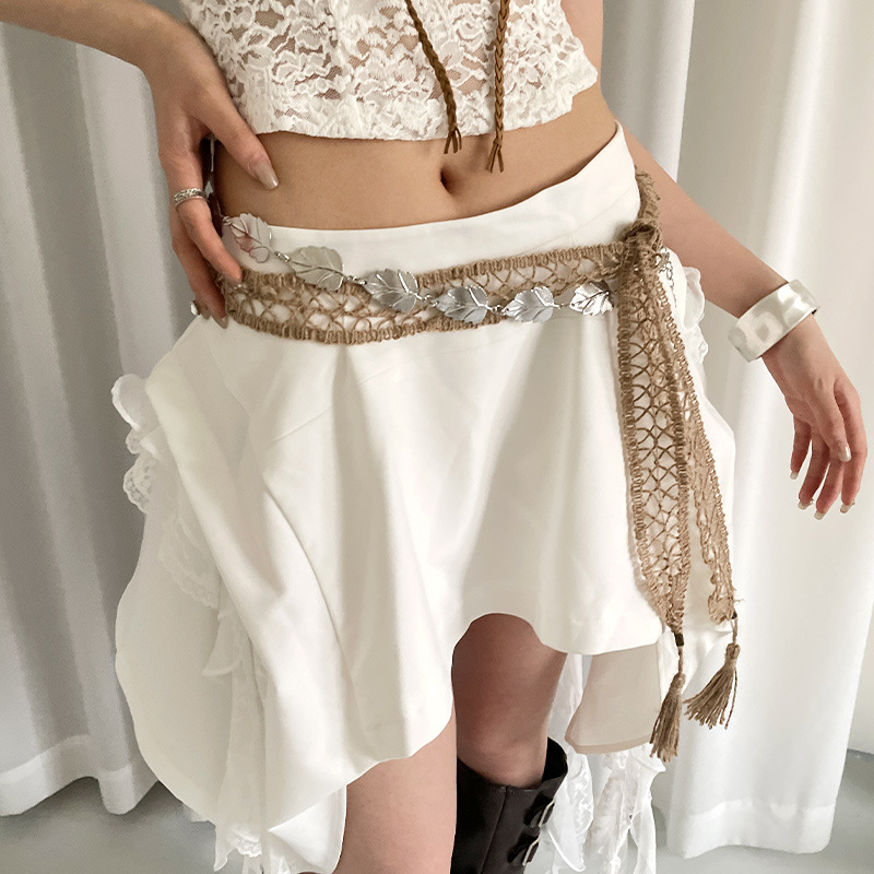 Ženski boho-etno stil, pleteni pojas od pamuka i lana, s lančanim ukrasom i resicama, za haljine i suknje