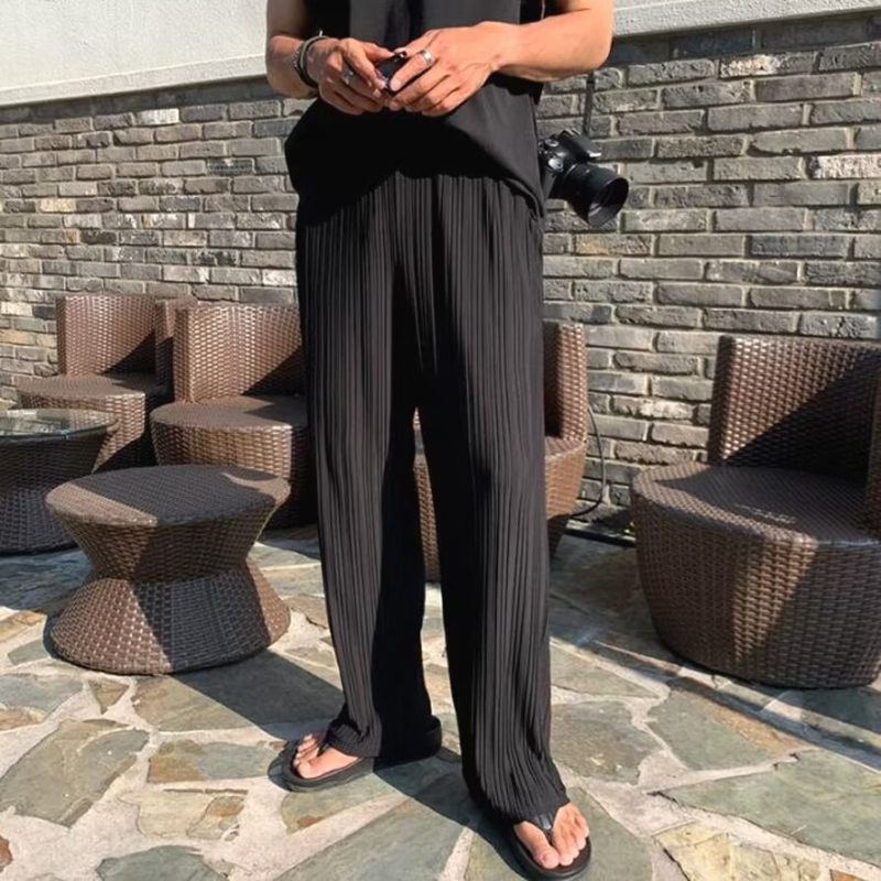 Muške hlače od ice-silk, plisirane, ljeto, korejskog stila, ravni kroj, široke nogavice, skraćena duljina, casual hlače za ljeto